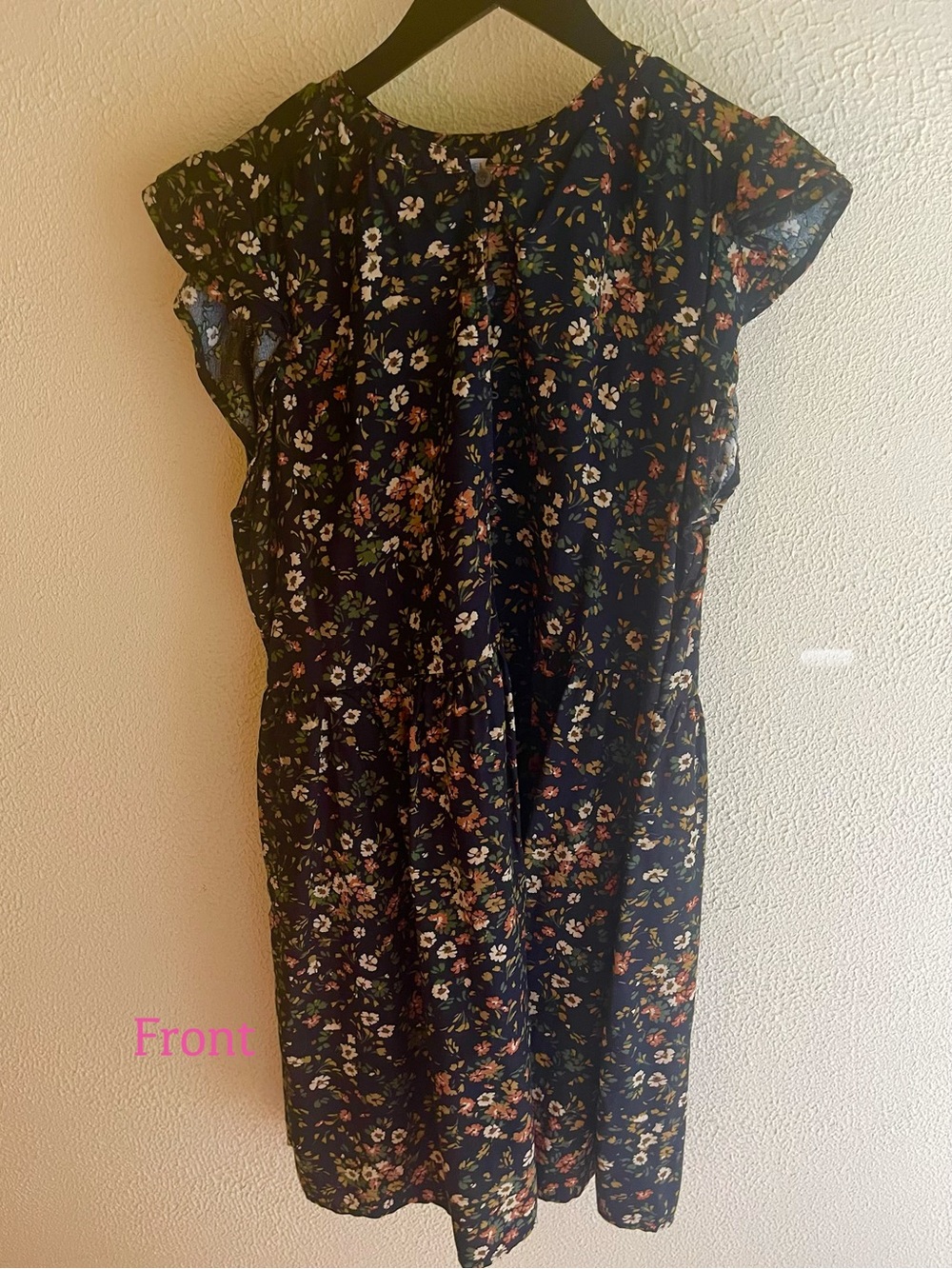 Black Floral Knee Length Dress with Ruffled/Flutter Cap Sleeve